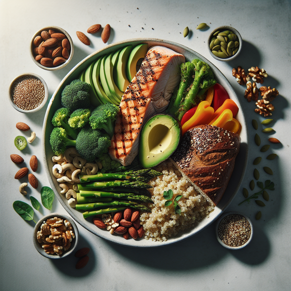 A beautifully arranged, top-down flat lay photo of a balanced and appealing healthy meal. The plate includes lean protein (e.g., grilled chicken breast or salmon fillet), healthy fats (e.g., sliced avocado, a few nuts), and fiber-rich carbohydrates (e.g., quinoa or whole-grain bread, colorful steamed vegetables like broccoli and bell peppers). The food is fresh, vibrant, and appetizing, set on a simple, clean table with natural light. Focus on texture and fresh ingredients. Realistic, high-quality photography style.