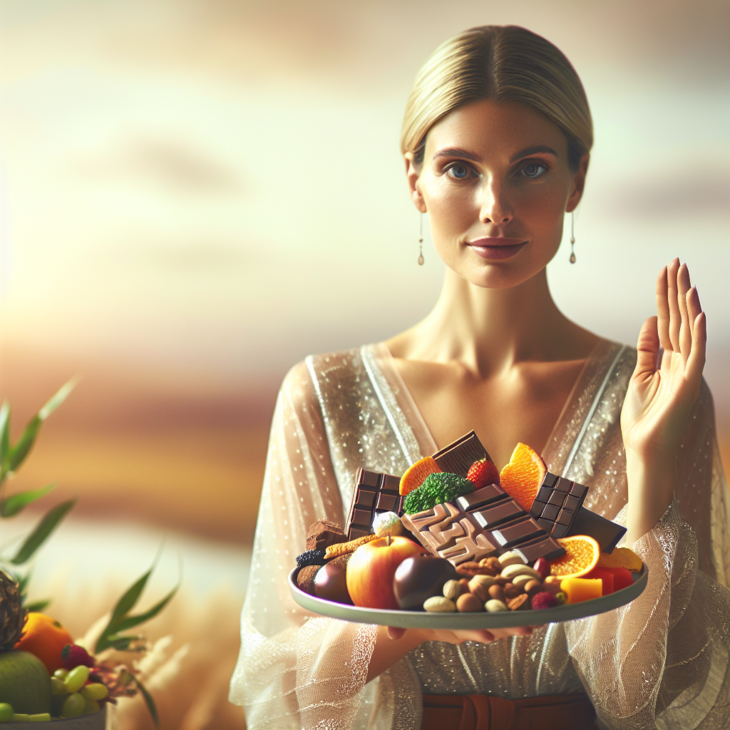 A woman with a calm, self-assured expression, gently pushing away a symbolic pile of tempting, unhealthy snacks (like chocolate, chips, candy) with one hand, while reaching for a plate of vibrant, fresh, and healthy alternatives (like colorful fruits, nuts, and a small, balanced meal) with the other. The background is soft and inviting, perhaps hinting at a cozy home environment. The overall mood is one of mindful choice, balance, and empowerment over pre-menstrual cravings. Realistic photo, warm lighting.
