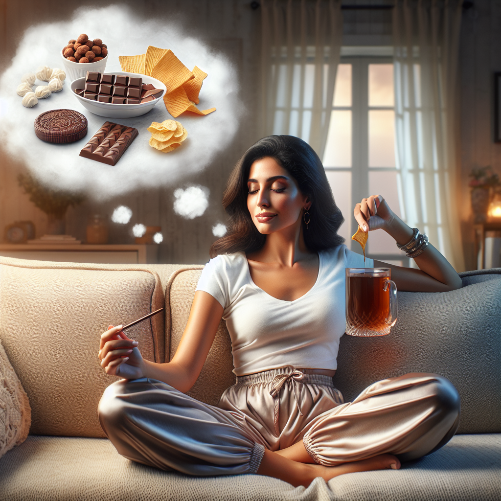 A serene woman, early 30s, relaxing comfortably on a couch with a calm, empowered expression. She gently pushes away a subtle, transparent thought bubble containing tempting snacks like chocolate and chips. Instead, she holds a comforting mug of herbal tea or a piece of fresh fruit, symbolizing healthy coping during her period. The scene conveys a sense of peace and control over cravings, with soft, warm lighting in a photorealistic style.