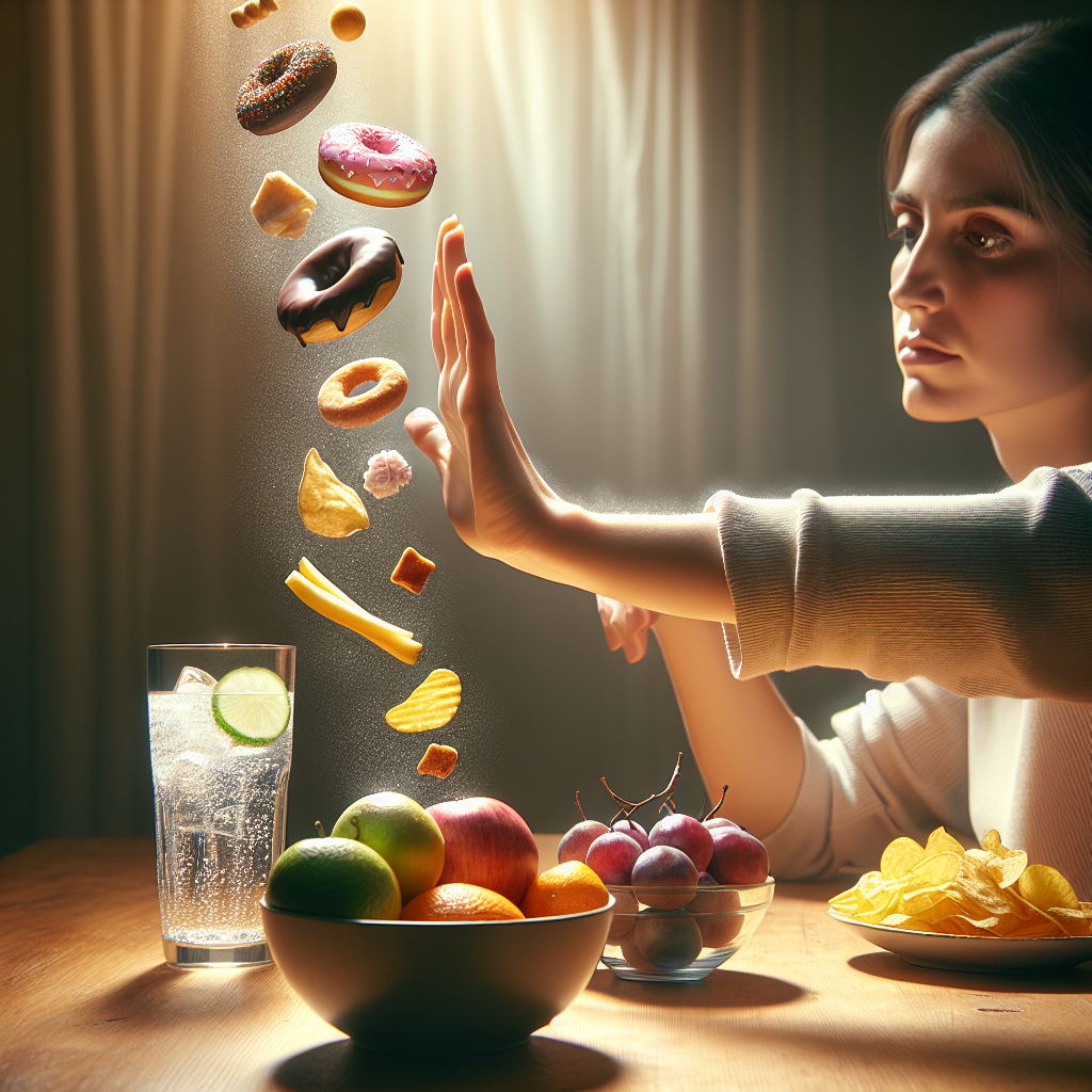 A person's hand confidently pushing away a blur of tempting, unhealthy snacks (like donuts, chips, sodas) that seem to materialize out of thin air, while their other hand rests calmly on a table next to a bowl of fresh fruit and a glass of water. The person's face is serene and focused, indicating control and mindful eating. Warm, inviting lighting, realistic style, shallow depth of field to emphasize the hand action and healthy choices.