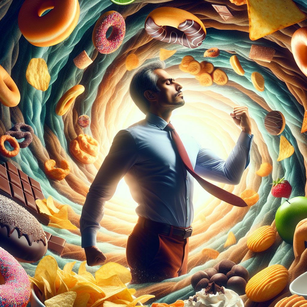 A calm and confident person actively pushing back a swirling vortex of tempting, unhealthy foods (like donuts, chips, and chocolate bars) that are trying to pull them in. The person's posture exudes control and empowerment over intense food cravings. The scene is bright and clean, highlighting the victory over temptation.