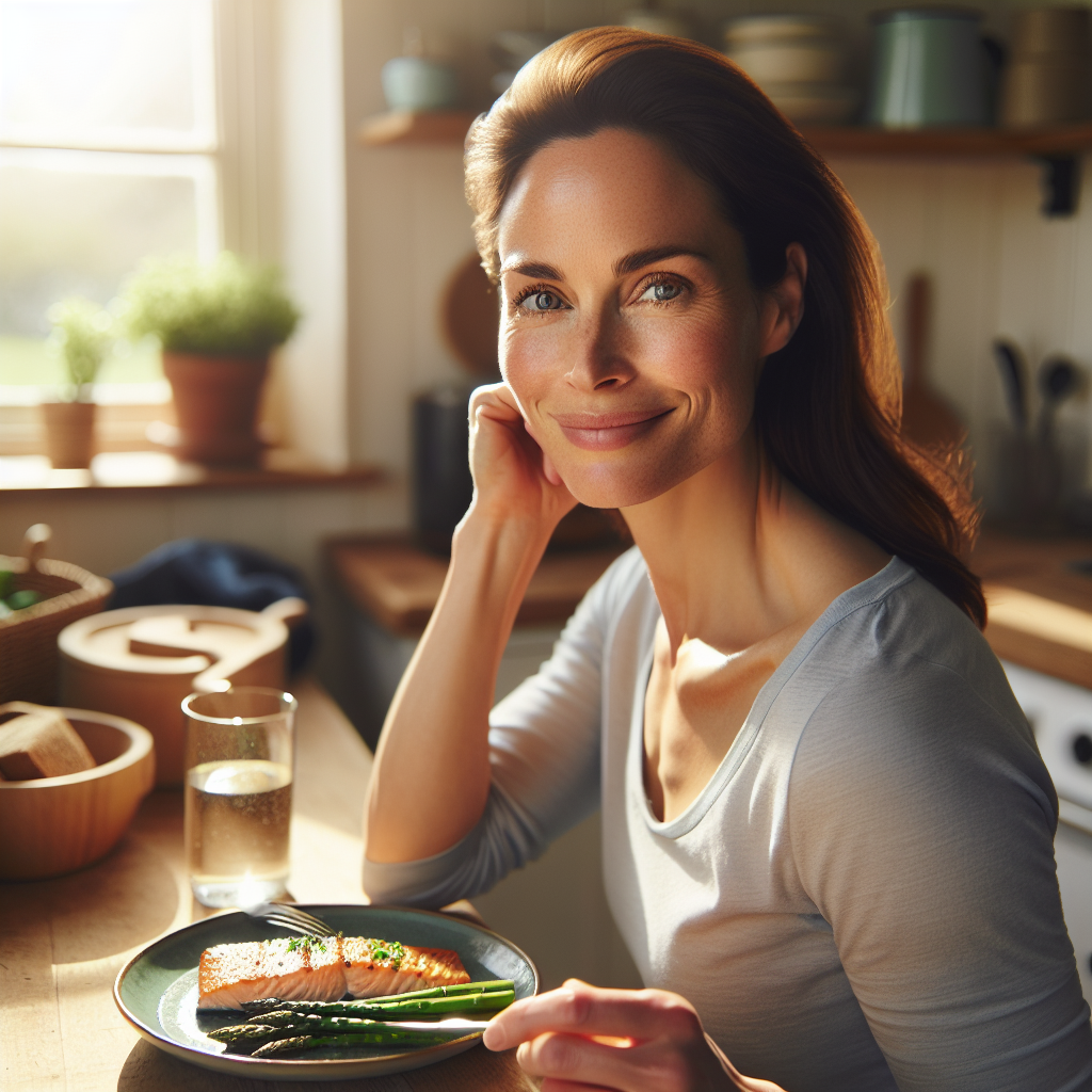 A bright and inviting photo of a diverse, healthy-looking person (30s-40s) in a comfortable home setting, perhaps in their kitchen or dining area, enjoying a delicious, protein-rich meal (e.g., grilled salmon with asparagus, a vibrant lentil salad, or scrambled eggs with whole-grain toast). The person has a subtle, content smile, conveying satiety and well-being without hunger. There are absolutely no sports equipment, gym items, or exercise clothing visible in the scene. The focus is on effortless weight management through healthy eating and feeling full, emphasizing a relaxed, non-sporty approach. Warm, natural lighting, clean aesthetic, food photography style.