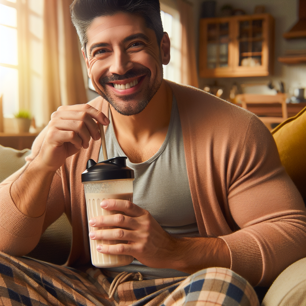 A person (diverse, happy) relaxed in a cozy home environment, casually sipping a protein shake. The scene conveys a sense of wellness and subtle weight loss, with no gym equipment or active exercise visible. Focus on everyday comfort and a healthy lifestyle. Realistic photo, warm lighting.