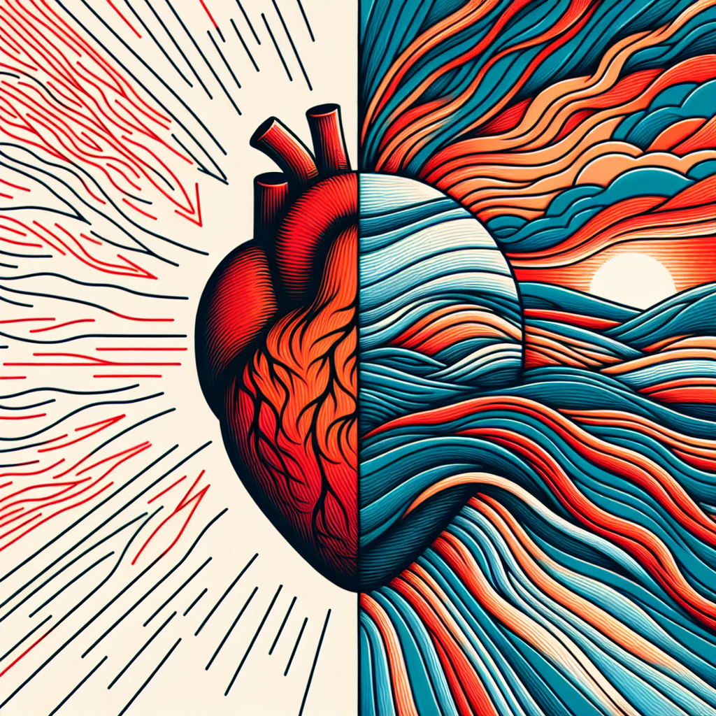 A symbolic image depicting a heart. One side of the heart is shown with fast, erratic, and slightly chaotic lines, perhaps in reds or oranges, representing 'Herzrasen'. The other side of the heart is calm, steady, and regular, with smooth, flowing lines, in soothing blues or greens. The two states blend together, illustrating the transition from a racing heart to a peaceful one. The overall mood is one of relief and tranquility.