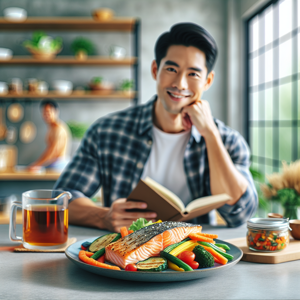 A vibrant image of a balanced, protein-rich meal (e.g., grilled salmon with roasted vegetables, a chicken and quinoa salad, or a hearty lentil stew) presented on a modern kitchen counter. In the soft-focus background, a happy and relaxed person is comfortably enjoying their home environment, perhaps reading a book or sipping tea, embodying a healthy lifestyle and successful weight management achieved through thoughtful nutrition rather than strenuous physical activity. The overall atmosphere is serene, healthy, and inviting, emphasizing 'weight loss without exercise' through good eating habits.
