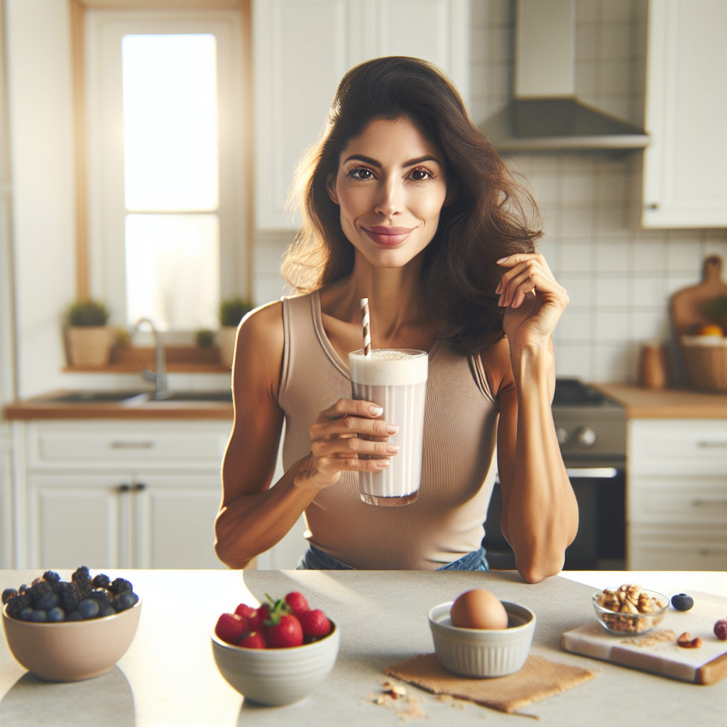 A calm and content woman in her late 30s sips a creamy protein smoothie in a bright, sunlit kitchen. She is dressed in comfortable, casual everyday clothes, not activewear, and has a relaxed, healthy demeanor. On the kitchen island, a bowl of berries and a few protein-rich snacks like nuts or a hard-boiled egg are subtly visible, emphasizing a balanced, easy approach to nutrition and weight management, with absolutely no gym equipment or strenuous activity in sight.