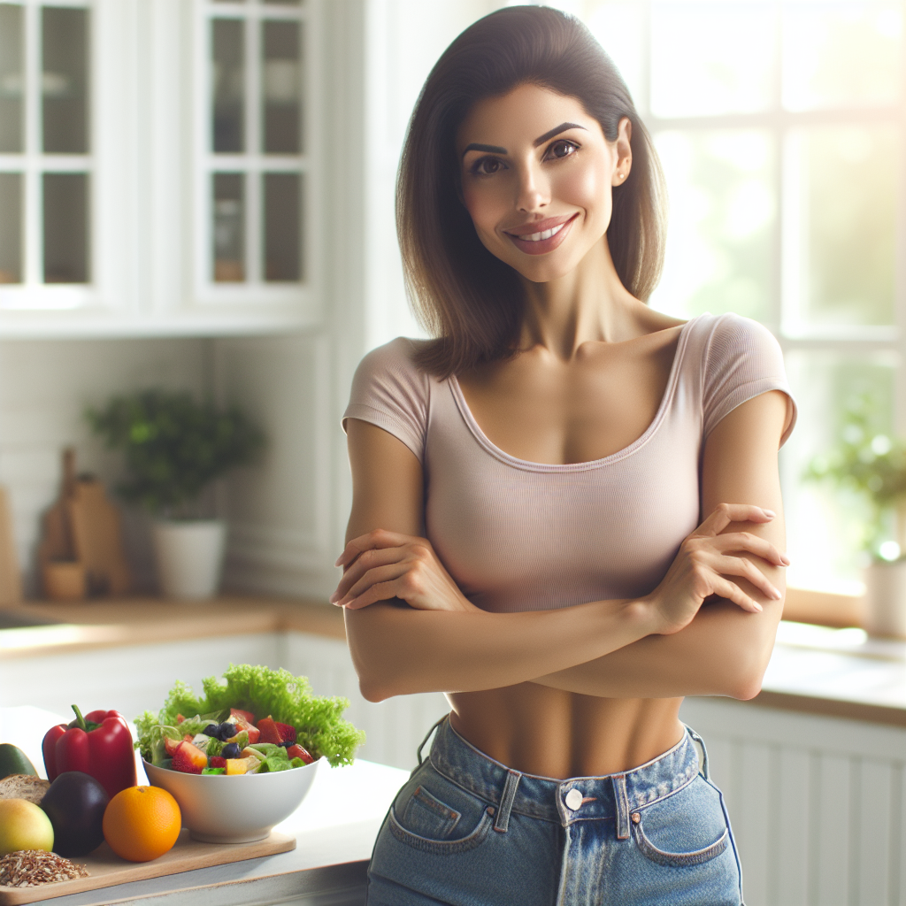 A serene and confident woman with a visibly slimmer waist, smiling gently, standing in a bright, modern kitchen. On the counter in front of her are various healthy and delicious foods: a vibrant salad, fresh fruits, and whole grains. She is not actively exercising, but rather embodying a calm, healthy lifestyle. The overall mood is one of ease, well-being, and quiet success through mindful nutrition. Soft, natural light. No visible workout gear or gym setting.