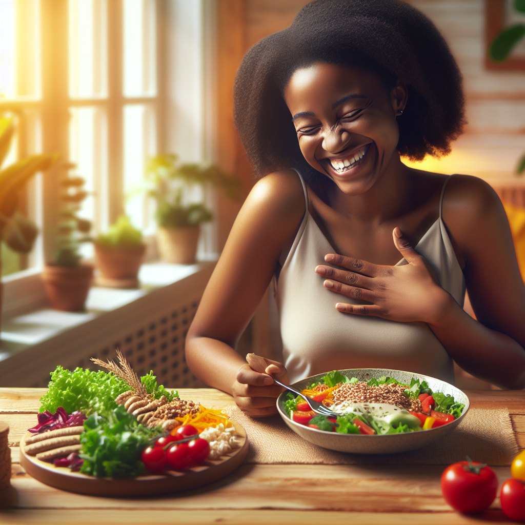 A person with a content and satisfied expression, gently touching their stomach, sitting at a table with a vibrant, healthy meal (e.g., a colorful salad with lean protein, whole grains, and fresh vegetables). The setting is bright and serene, emphasizing a feeling of sustained fullness and well-being, without any hint of hunger or deprivation. Realistic photography style, warm lighting.