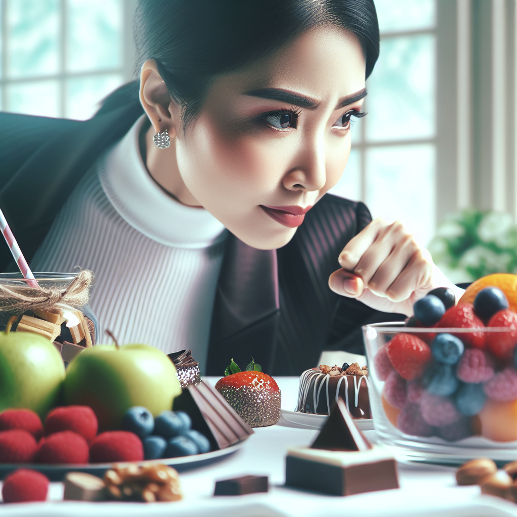 A person with a determined, resolute expression, actively turning away from a table laden with an overwhelming, tempting spread of sugary treats like chocolates, cakes, and candy. Their focus is clearly directed towards a vibrant, inviting bowl of fresh fruits (berries, apples) and a handful of nuts prominently displayed in the foreground. The scene should convey a sense of empowerment and making a conscious, healthy choice against sweet cravings, set in a bright, clean, and optimistic environment. Realistic style, high contrast.