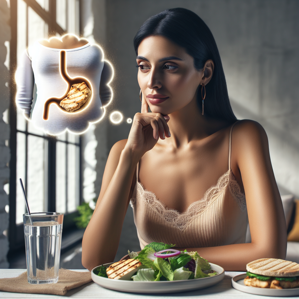 A person with a thoughtful or slightly challenged expression, looking at a plate of healthy, portion-controlled food. A subtle, glowing representation of an empty stomach or a fleeting thought bubble of an unhealthy craving hovers nearby, symbolizing the mental battle against hunger during weight loss. Soft, natural lighting, modern editorial style photo.