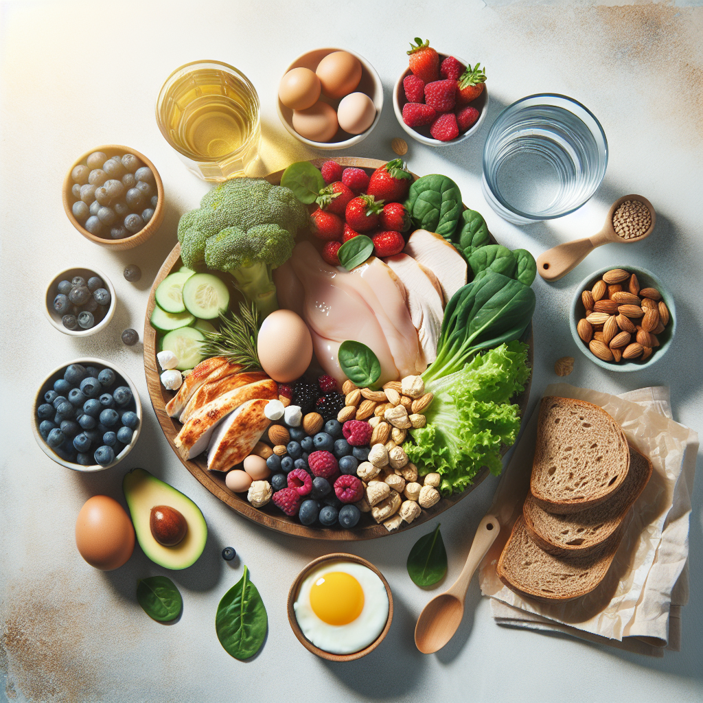 An inviting flat lay photograph of a diverse and colorful selection of hunger-fighting foods. Include high-protein items like lean chicken breast and eggs, high-fiber foods such as fresh berries, leafy greens, and whole-grain bread, and a glass of refreshing water. The arrangement is artfully composed on a light background, conveying a sense of abundance, health, and mindful eating for satiety during dieting. Bright natural light, crisp detail.