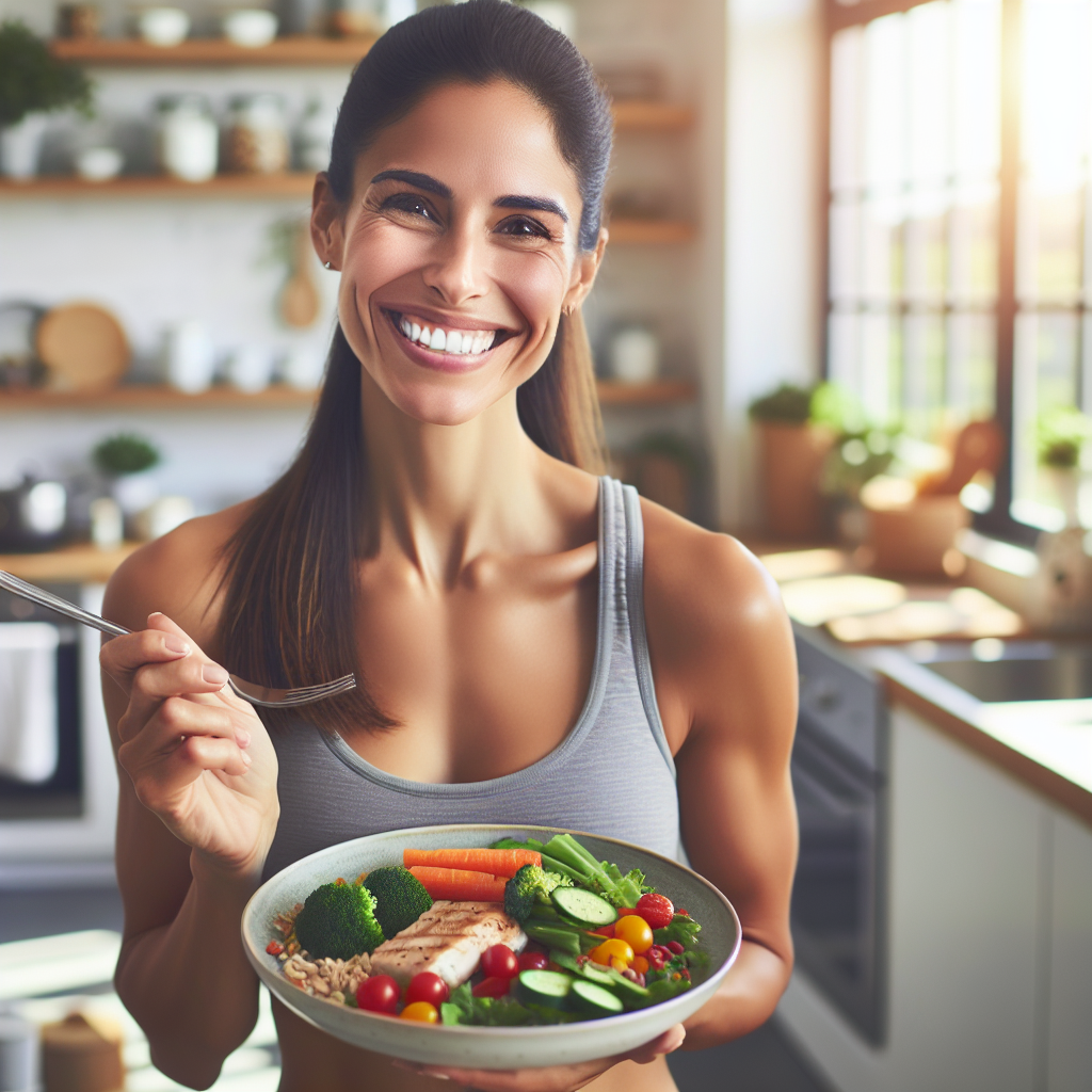 A vibrant, high-quality photo of a content and energetic woman in her 30s enjoying a balanced, healthy meal on a modern kitchen counter. She smiles genuinely, looking satisfied and confident, embodying successful weight management without hunger. The meal includes lean protein, colorful vegetables, and a portion of whole grains. Bright, natural light.