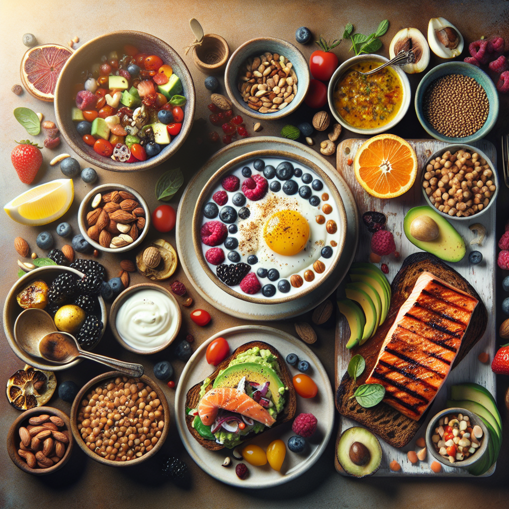 A beautiful flat lay photograph showcasing a rich variety of hunger-satisfying foods: a bowl of Greek yogurt with berries and nuts, a whole-grain toast with avocado and egg, a portion of grilled salmon with roasted vegetables, and a small bowl of colorful lentil salad. The arrangement emphasizes abundance, freshness, and deliciousness, conveying the idea of eating until full with nutrient-dense options. Warm, inviting natural light.