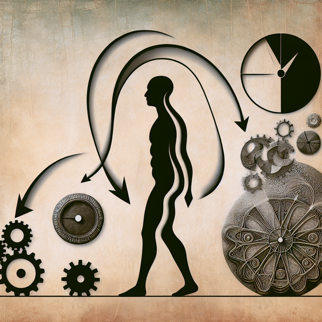 Eine symbolische und zum Nachdenken anregende Illustration, die den 'Jojo-Effekt' und die Verlangsamung des Stoffwechsels durch Hungerdiäten darstellt. Man stelle sich eine stilisierte Darstellung vor: Die Silhouette oder der Schatten einer Figur schrumpft schnell, prallt dann abrupt zurück und wird größer als zuvor, wodurch eine 'Jojo'-Form entsteht. Um sie herum deuten subtile Bilder von Zahnrädern, die langsam zum Stillstand kommen, oder einem schmelzenden Zifferblatt auf einen gestörten, trägen Stoffwechsel hin. Das Kunstwerk sollte modern und konzeptionell sein und eine klare Botschaft über das kontraproduktive Ergebnis der Diät vermitteln.