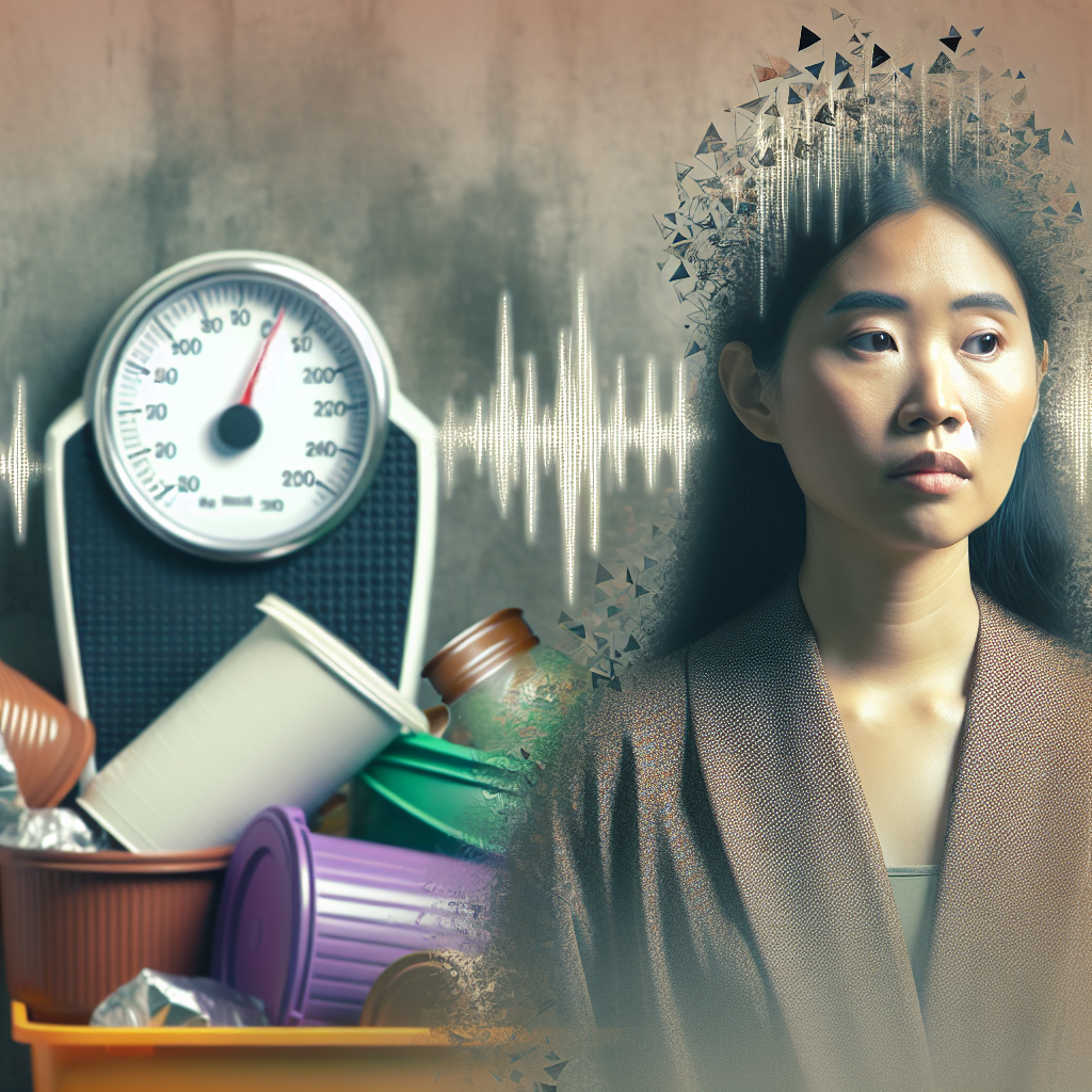 A person with a fatigued and drawn expression, looking unhealthy despite being thin, standing next to a stack of empty, discarded food containers. In the background, a shadow or blurred graphic of a weight scale showing erratic, up-and-down fluctuations (the yo-yo effect), symbolizing the unsustainability and frustration of extreme dieting. The colors are muted and somber, emphasizing the negative emotional and physical toll.