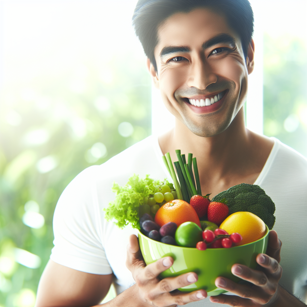 A radiant, healthy-looking person smiling confidently, holding a vibrant bowl of fresh, colorful fruits and vegetables. They are in a bright, airy setting, perhaps near a window or in a park, with soft natural light. The overall scene conveys balance, energy, well-being, and joy, representing a sustainable and healthy approach to weight loss and a fulfilling life.