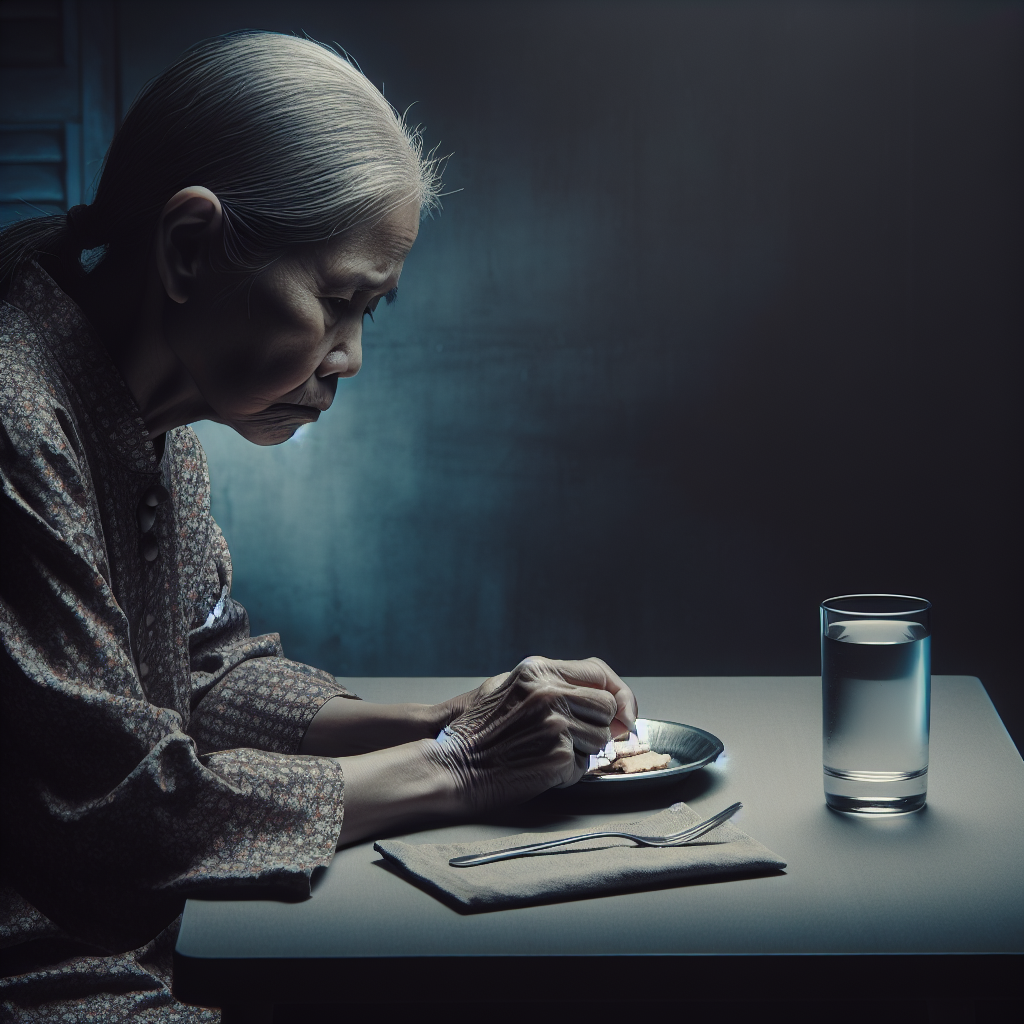 A person with a strained, tired expression, sitting alone at a nearly empty table. On the table, there is only a single, minimal, unappetizing item like a dry cracker or a glass of water. The scene is desaturated with cool, muted colors, conveying a sense of deprivation, struggle, and emptiness. Deep shadows emphasize their gaunt features and the heavy atmosphere. The focus is on the emotional and physical toll of extreme hunger.