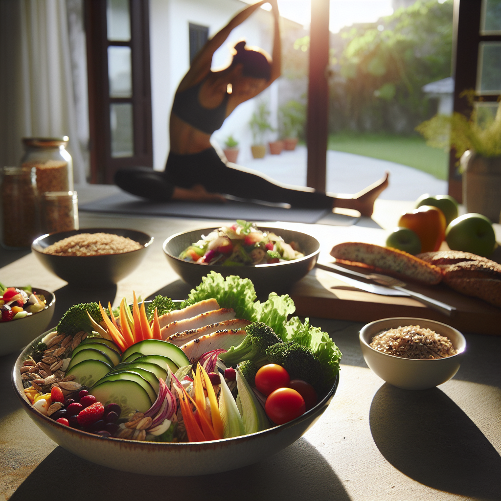 A vibrant and appealing still life of a balanced, colorful meal on a plate: a fresh salad with crisp greens and colorful vegetables, lean grilled chicken or fish, and a side of whole grains or fruit. Sunlight streams onto the table, highlighting the freshness and appeal of the food. In the softly blurred background, a person is shown performing a gentle, joyful stretch or a light exercise, conveying energy, well-being, and a holistic approach to health. The overall mood is positive, energetic, and nourishing.