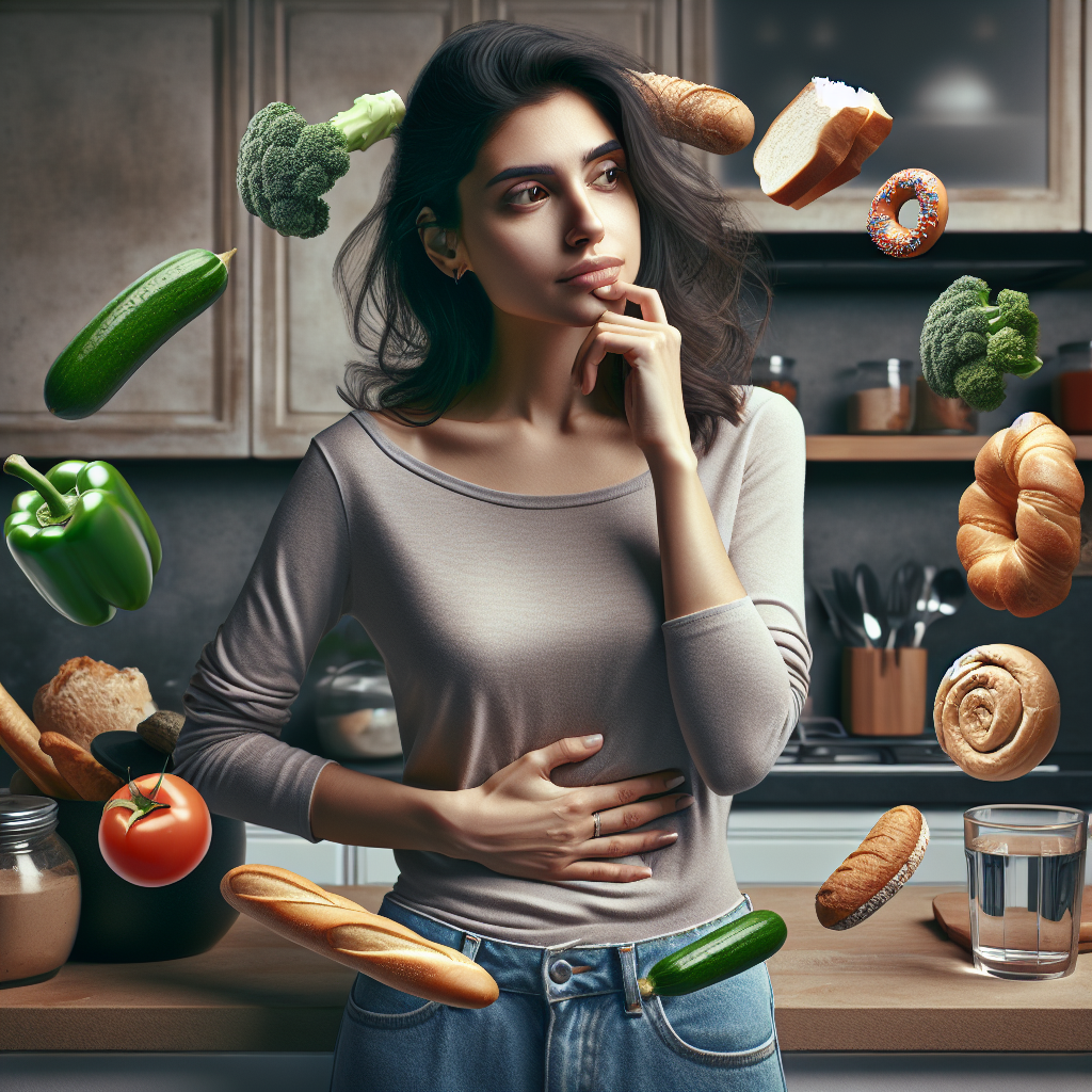 A person with a thoughtful, slightly frustrated expression, gently touching their stomach, looking at a variety of food items (e.g., fresh vegetables, a piece of bread, a sweet pastry, a glass of water) appearing as if in a constant, unsatisfying loop around them. The background is a clean, modern kitchen. The image should convey the feeling of constant hunger despite having access to food, emphasizing the struggle of never feeling truly full. Realistic, warm lighting, soft shadows.