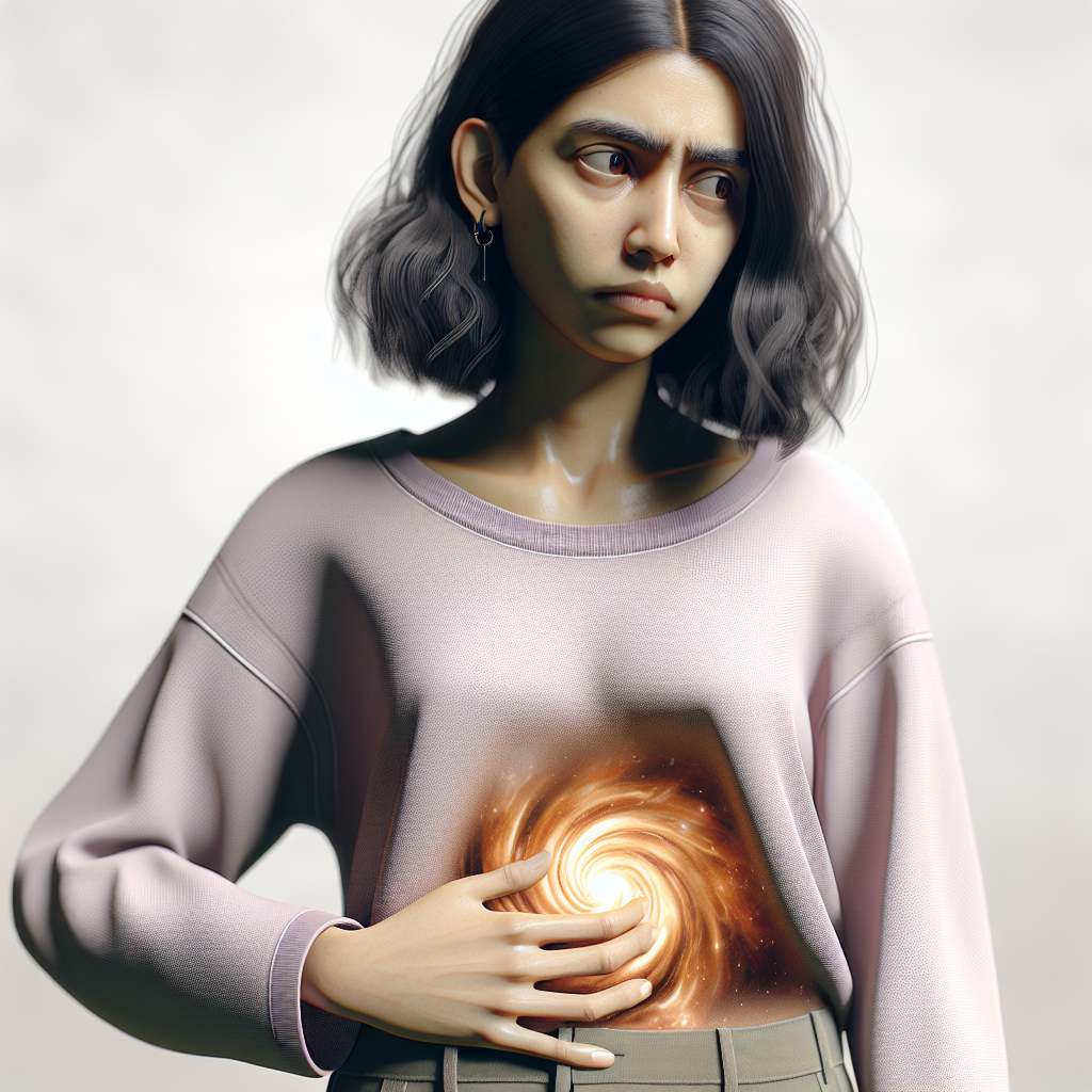 A person (gender-neutral) holding their stomach with a puzzled and slightly frustrated expression, while a subtle, visual representation of continuous, insatiable hunger emanates from their midsection, like an ethereal, soft glowing void or a gentle, persistent internal rumble. The background is clean and simple, focusing on the person's internal struggle. Realistic, high-quality photograph.