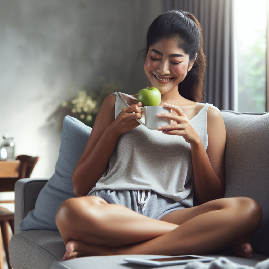 A content person, appearing noticeably slimmer and healthy, relaxing comfortably on a sofa at home. They are holding a cup of herbal tea and a small, healthy snack like an apple. The scene emphasizes a peaceful, non-athletic lifestyle. No gym equipment, running shoes, or active workout gear is present. Soft, natural lighting.