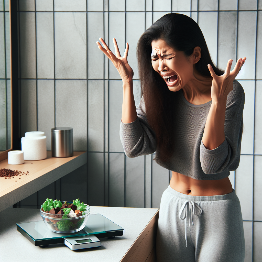 A frustrated woman looking exasperated at a bathroom scale that displays an unchanging number, despite a small, healthy meal portion sitting on a counter nearby. The setting is a clean, modern bathroom with soft, natural lighting, emphasizing a feeling of stagnation and disappointment.