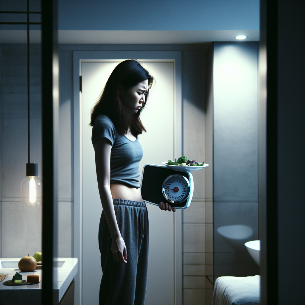 A person looking puzzled and frustrated, standing on a bathroom scale that displays an unexpectedly high number, even though they are holding a very small, simple meal portion (e.g., a few vegetables or a tiny piece of fruit) on a plate. The setting is a minimalist, slightly dim kitchen or bedroom, emphasizing a sense of personal struggle. The overall mood is one of confusion and mild despair, illustrating the paradox of 'gaining weight despite eating little.' Realistic, soft lighting, slightly desaturated colors.
