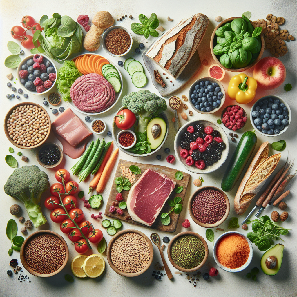 An overhead shot (flat lay) of a vibrant and diverse selection of highly satiating foods, artfully arranged on a clean, light surface. Include items like whole-grain bread, colorful fresh vegetables, berries, legumes (e.g., lentils), and lean protein. The image should convey freshness, abundance, and healthy satisfaction, implying long-lasting fullness. Bright, clear, blog article illustration style.