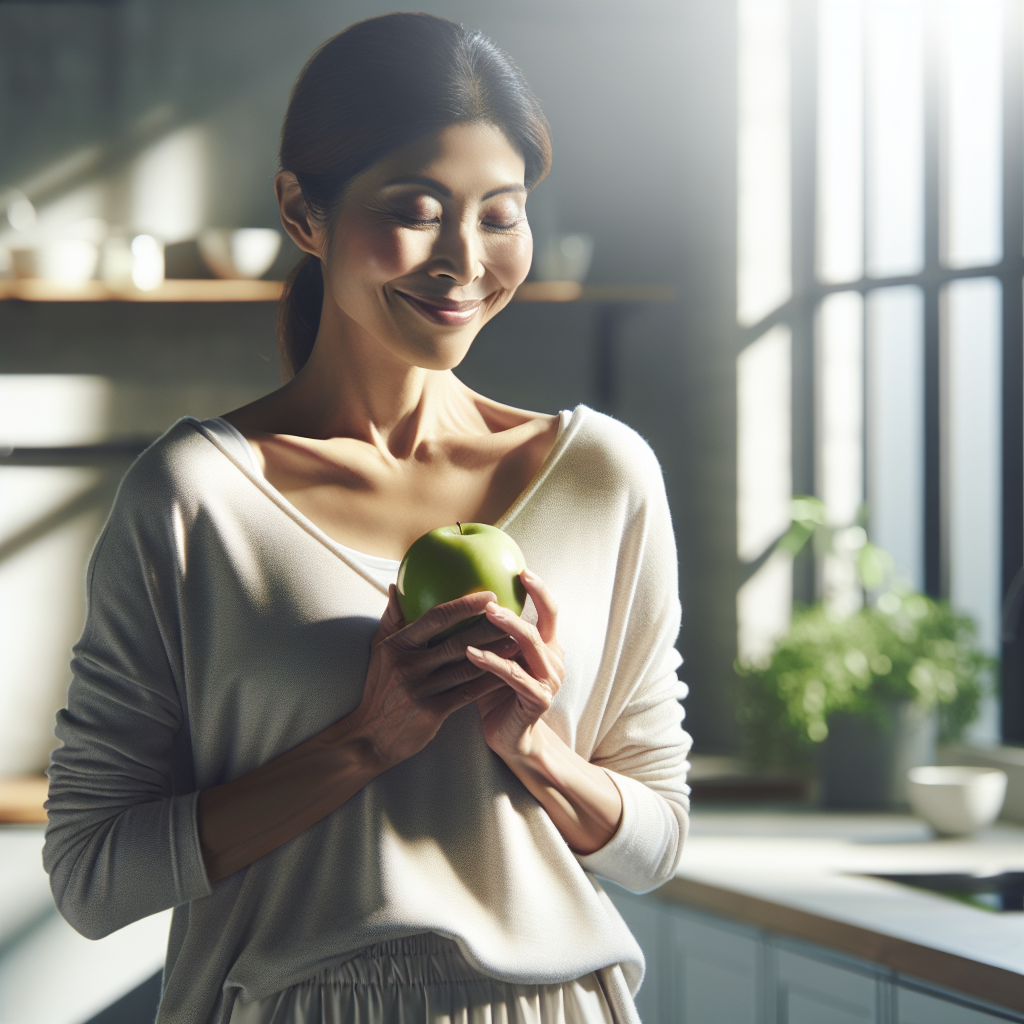 A calm and content person, casually dressed, in a bright, modern home kitchen, gently smiling while holding a fresh piece of fruit or a small bowl of healthy snacks. The scene emphasizes mindful eating and effortless healthy choices in an everyday setting, with absolutely no gym equipment or sporty elements visible, conveying weight loss without sport. Soft, natural lighting.