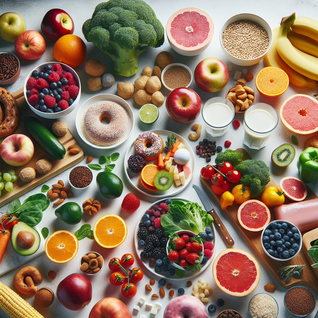A vibrant, inviting flat lay of diverse, fresh, unprocessed foods spread across a clean kitchen counter or wooden table. Include colorful fruits (berries, citrus), crisp vegetables, whole grains, and lean proteins. In a small, distinct corner, a single, appealing yet clearly less healthy item (like a small donut or a packet of chips) is subtly placed, creating a visual contrast that highlights conscious food choices for weight loss. Bright, natural light, clean aesthetic.