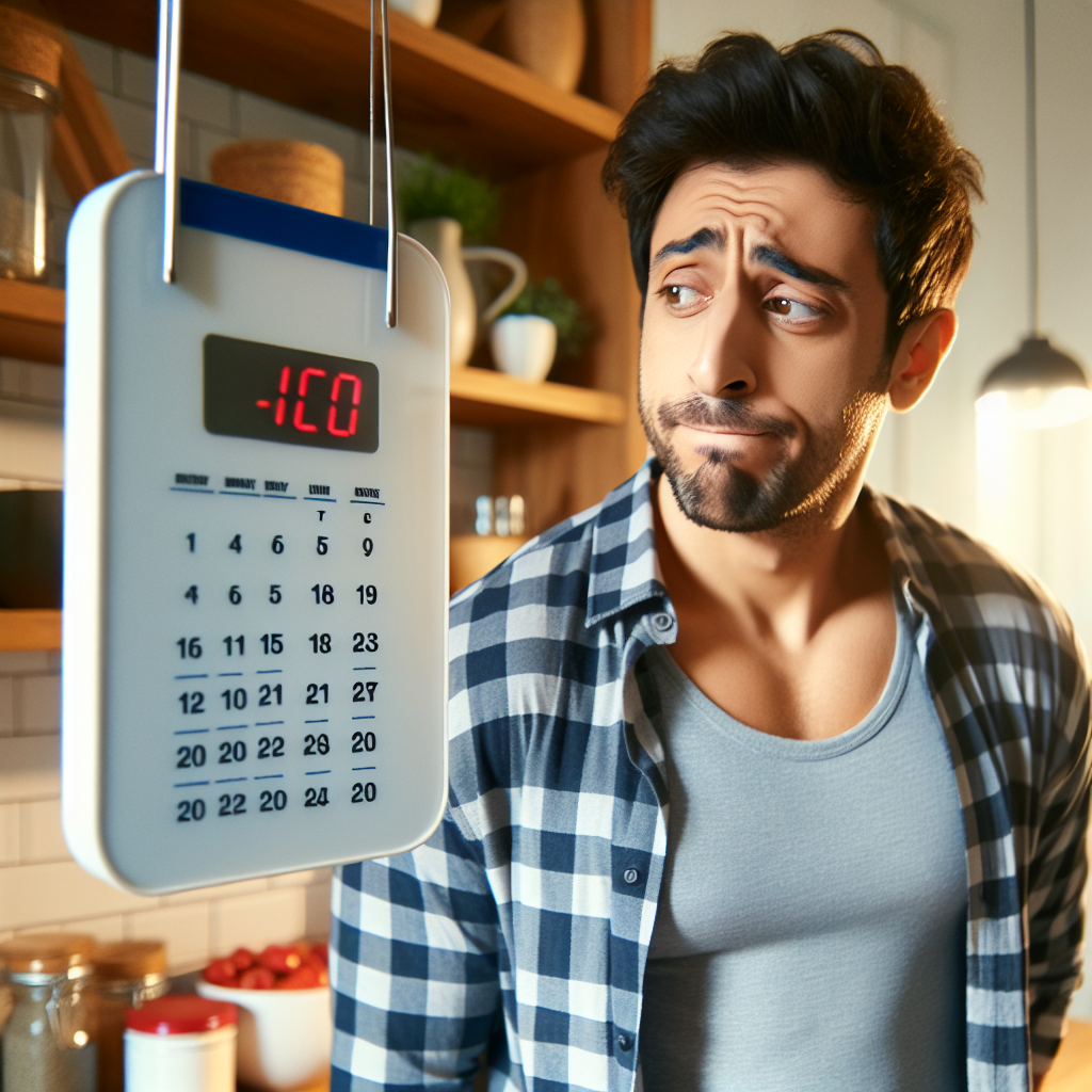 A person (diverse, any gender) stands in a modern kitchen, looking down at a digital scale that prominently displays '-10 kg'. Behind them, a calendar quickly flips through just 7 days. There's no exercise equipment visible. The person's expression is a mix of hopeful surprise and slight bewilderment, as if questioning the speed of the change. Realistic photo, soft natural light, shallow depth of field.