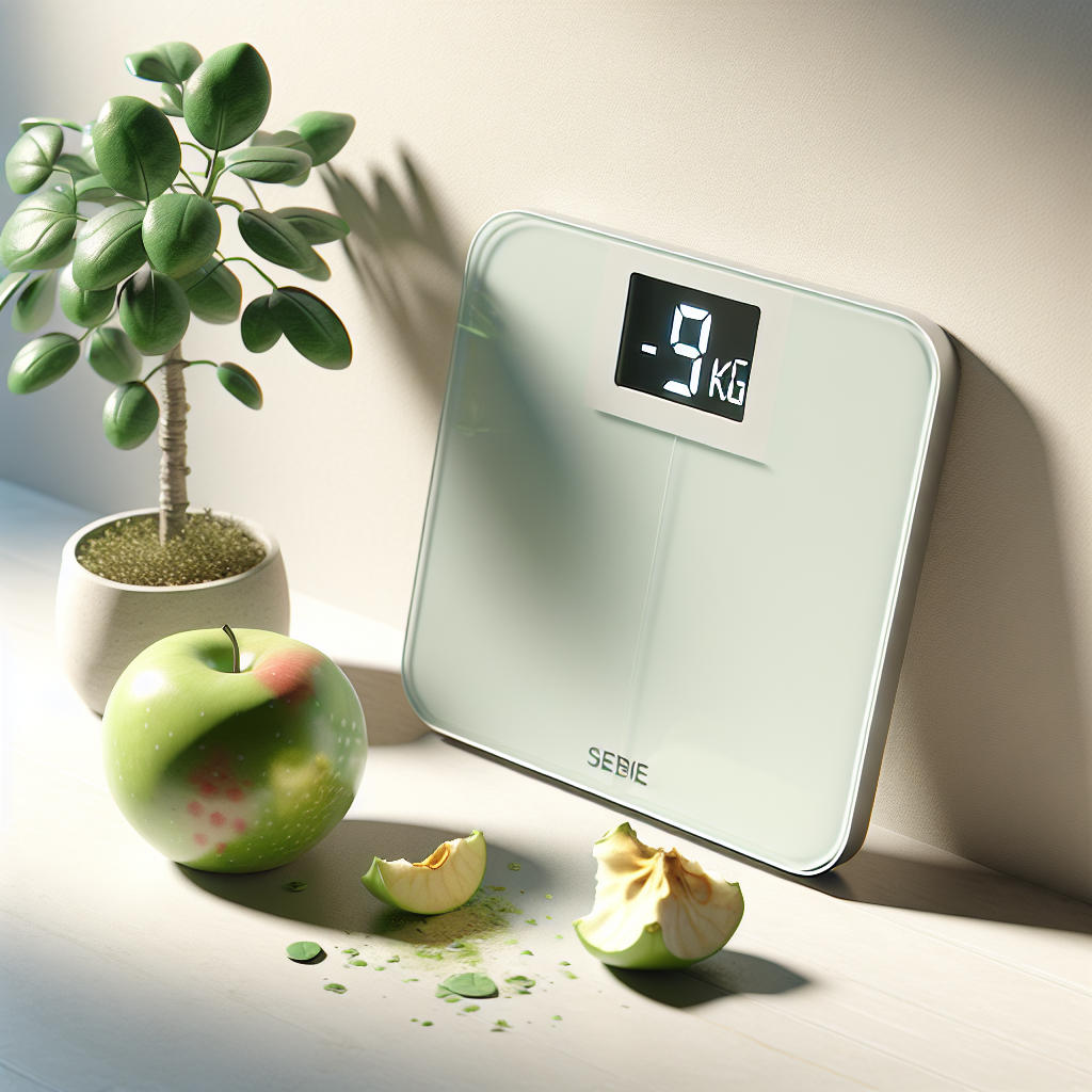 A modern digital weight scale prominently displaying '-5 kg' on its screen. Next to the scale, there is a half-eaten, slightly shriveled green apple and a small, wilting houseplant, symbolizing the quick but potentially unhealthy and unsustainable nature of rapid weight loss. The background is clean and minimalist, with soft, natural lighting. High-resolution, photographic style.