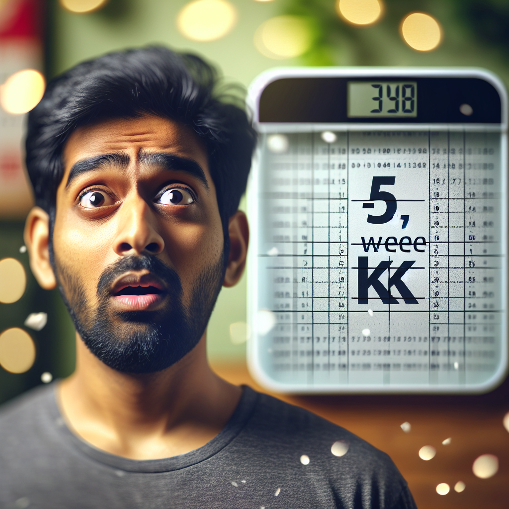 A person with a surprised and slightly exhausted expression looks at a digital bathroom scale that prominently displays '-5 kg'. In the background, a calendar is blurred but clearly shows '1 week' highlighted. The overall mood conveys the intensity and ambitious nature of rapid weight loss, set in a clean, modern environment.