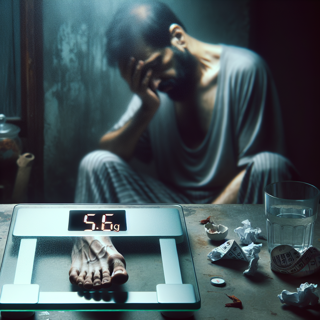 A digital bathroom scale prominently displays '-5 kg' in large, glowing numbers. A single, bare foot is on the scale, but the leg above it looks thin and somewhat unhealthy, rather than toned. In the background, a person's weary, frustrated face is out of focus, looking down at the scale. The scene is dim, with subtle elements like an empty glass of water or a crumpled calorie tracker nearby, emphasizing extreme measures and exhaustion, not healthy progress. The overall atmosphere conveys the struggle and problematic nature of rapid weight loss.