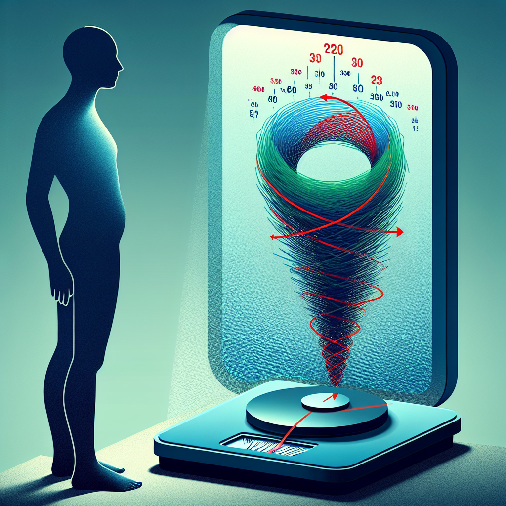 A minimalist illustration featuring a person's silhouette standing on a bathroom scale, their weight numbers fluctuating rapidly up and down like a yo-yo. Above the scale, a large, prominent question mark looms, subtly formed from an abstract graph showing a steep drop in weight followed by a quick rebound, symbolizing the 'yo-yo effect' and the skepticism around the promise of losing 10 kg in 2 weeks permanently. The background is clean and slightly blurred, focusing on the central concept. Use a thoughtful, slightly questioning mood with a palette of blues, greens, and a touch of red for caution.