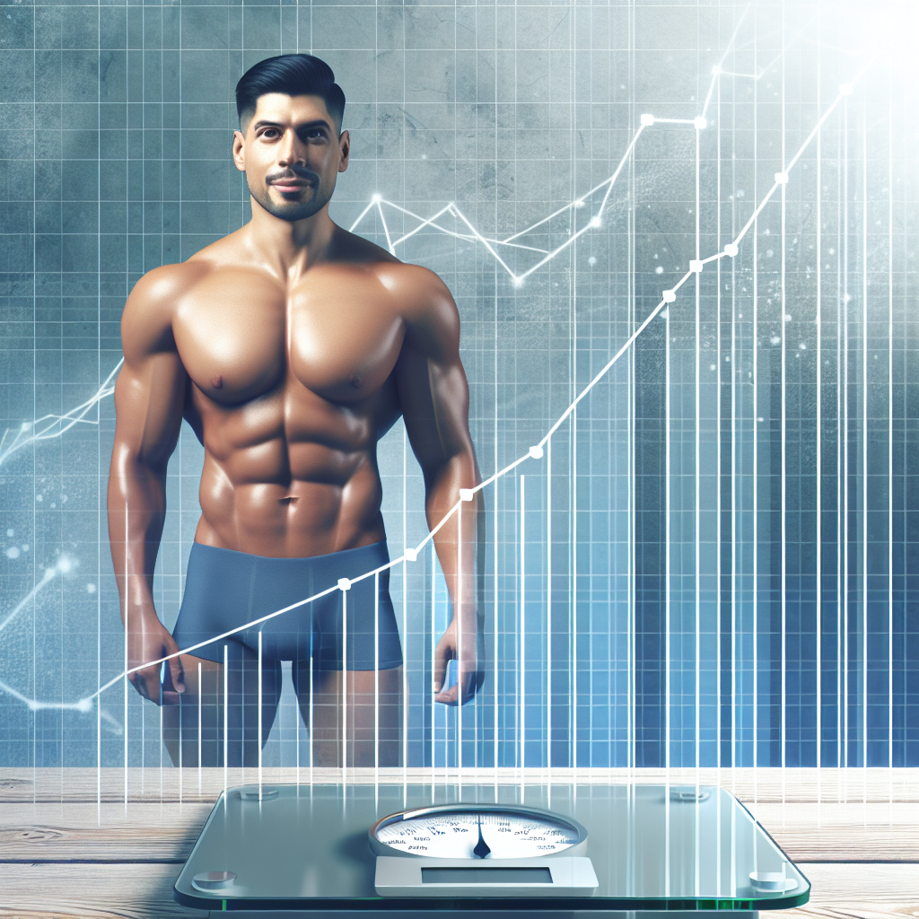 A person with a fit, healthy body looking confident, standing on a balanced digital scale. In the background, a subtle graph line shows a smooth, steady downward trend without any upward spikes, symbolizing sustainable weight loss without the yo-yo effect. Bright, positive, and inspiring photo, realistic style.