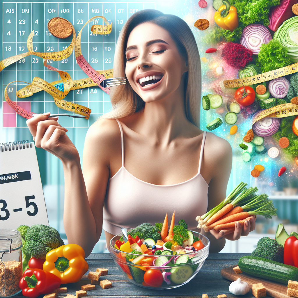 A vibrant and inspiring image depicting a person, looking visibly healthier and more confident, enjoying a balanced meal of colorful vegetables and lean protein. In the background, a subtly visible calendar marking a '3-week' period and a symbolic representation of '5 kg' weight loss, such as a tape measure showing progress or a small success badge. The overall atmosphere should be positive, motivating, and emphasize healthy living and achievable goals. Realistic photo style with bright, inviting colors.