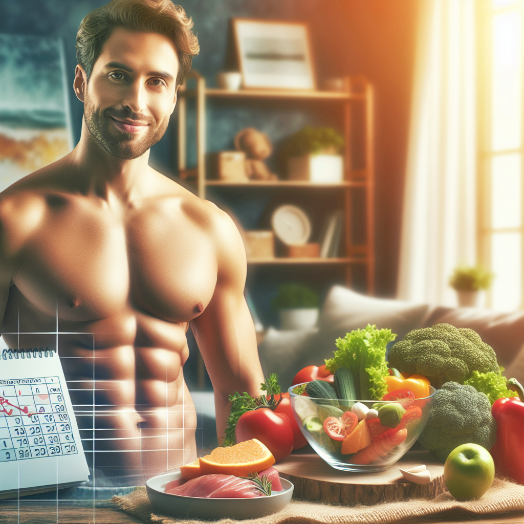 A person with a healthy and confident appearance, smiling gently, standing in a brightly lit, comfortable home environment. On a table nearby, there's a delicious and colorful spread of fresh vegetables, fruits, and a lean protein meal. A small, open diary or calendar is visible, subtly highlighted to show a 3-week period of progress. There is absolutely no sports equipment or workout gear in sight, emphasizing weight loss without exercise. Realistic photo, warm tones.