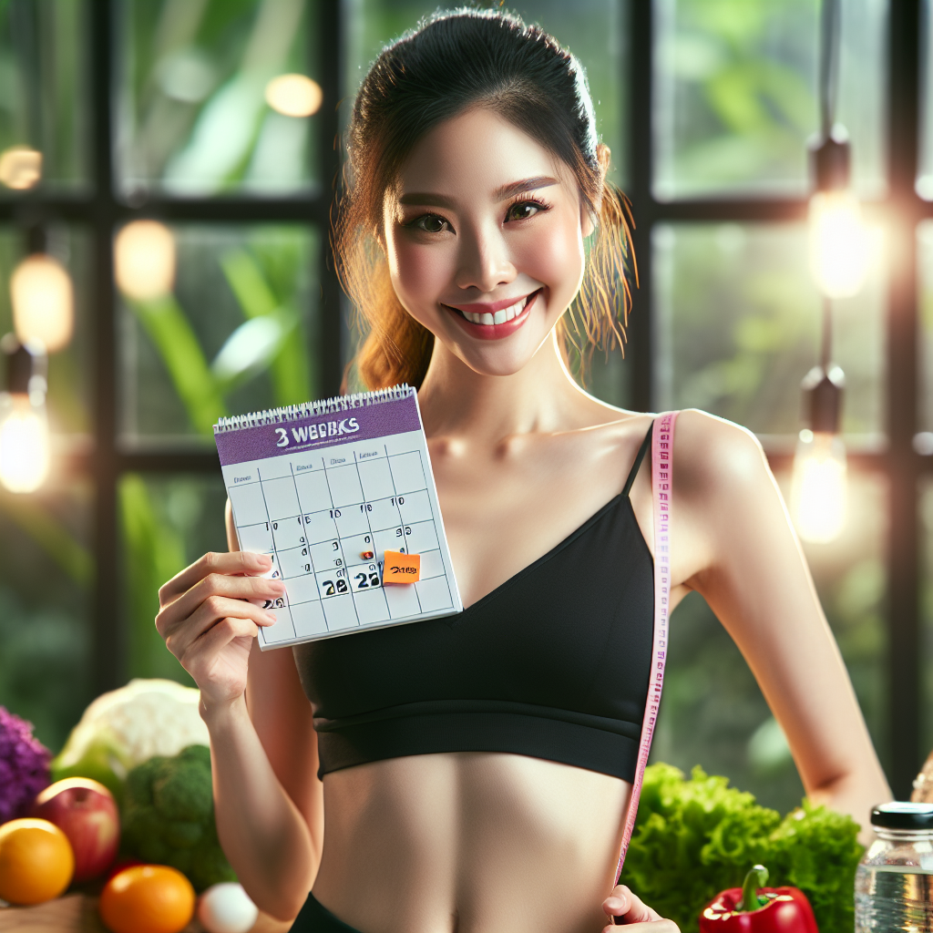A vibrant, inspiring image of a person smiling confidently, holding a calendar page clearly highlighting '3 weeks' as a successful milestone for weight loss. They appear fit and healthy, with a subtle glow of achievement. In the background, out of focus, are elements suggesting a balanced lifestyle like fresh fruits, vegetables, or a water bottle. The overall mood is positive and motivating. Studio lighting, realistic style with a touch of warmth.