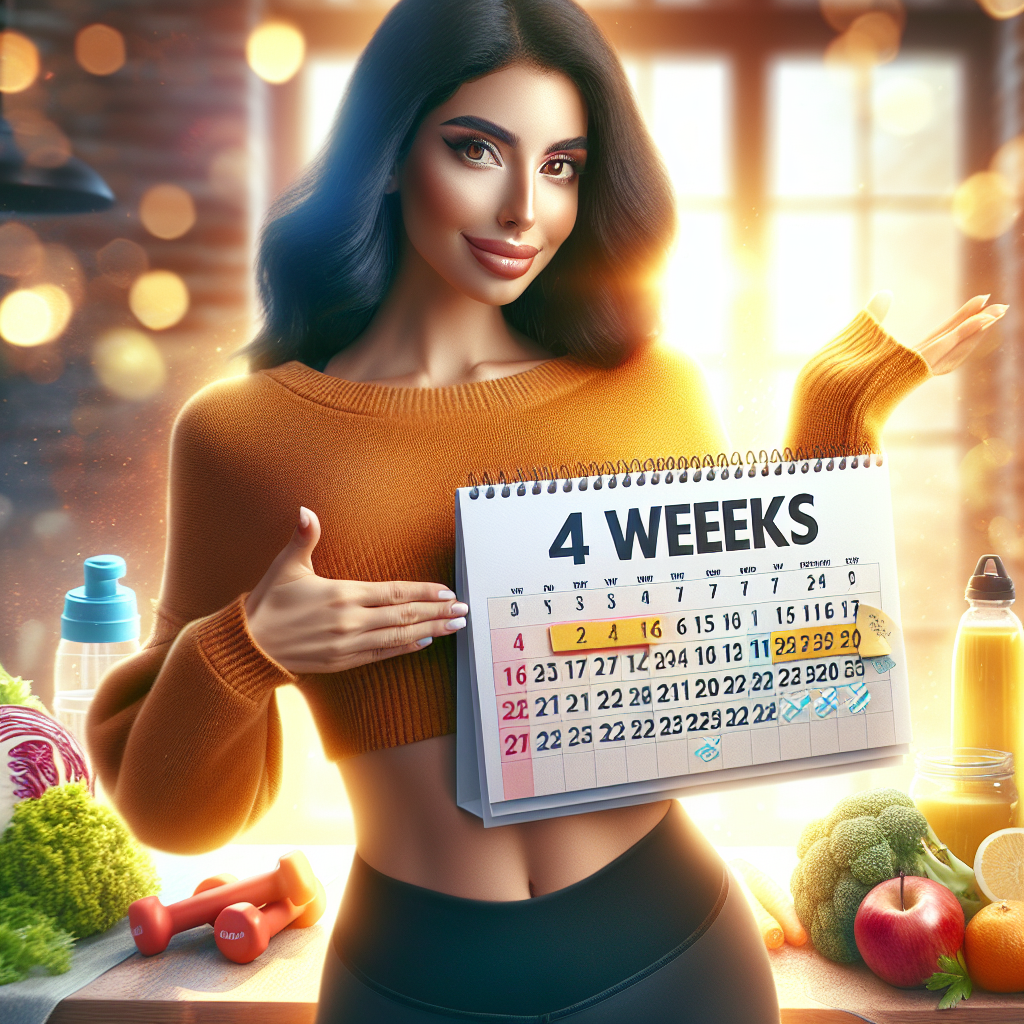 An inspiring and vibrant image depicting a calendar with '4 Weeks' prominently highlighted, symbolizing a focused journey. Next to it, a confident, diverse individual (e.g., a woman in comfortable activewear) stands with a subtle, encouraging smile, perhaps gesturing towards a healthy meal or a light exercise. The background is bright and optimistic, featuring blurred elements of fresh produce, a water bottle, and light weights, conveying motivation and achievable success for rapid but healthy weight loss. Realistic, warm lighting.