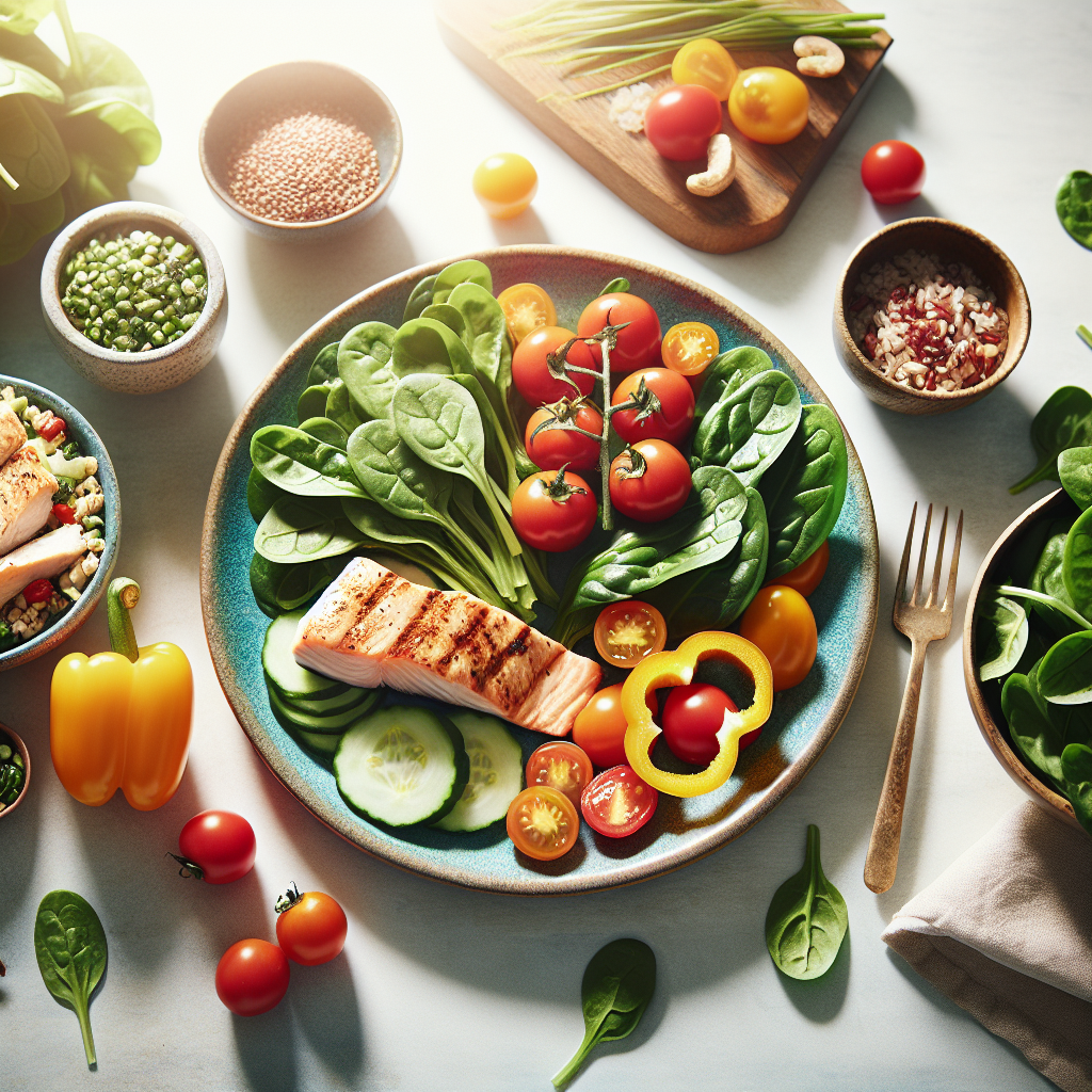 A beautifully styled flat lay of a delicious and balanced healthy meal. The composition features colorful fresh vegetables (e.g., bell peppers, spinach, cherry tomatoes), lean protein (e.g., grilled chicken breast or salmon), and a small portion of whole grains (e.g., quinoa or brown rice). The setting is bright and inviting, with natural light, suggesting an enjoyable and sustainable approach to eating well without deprivation. Emphasize appetizing textures and vibrant colors to make healthy food appealing and accessible.