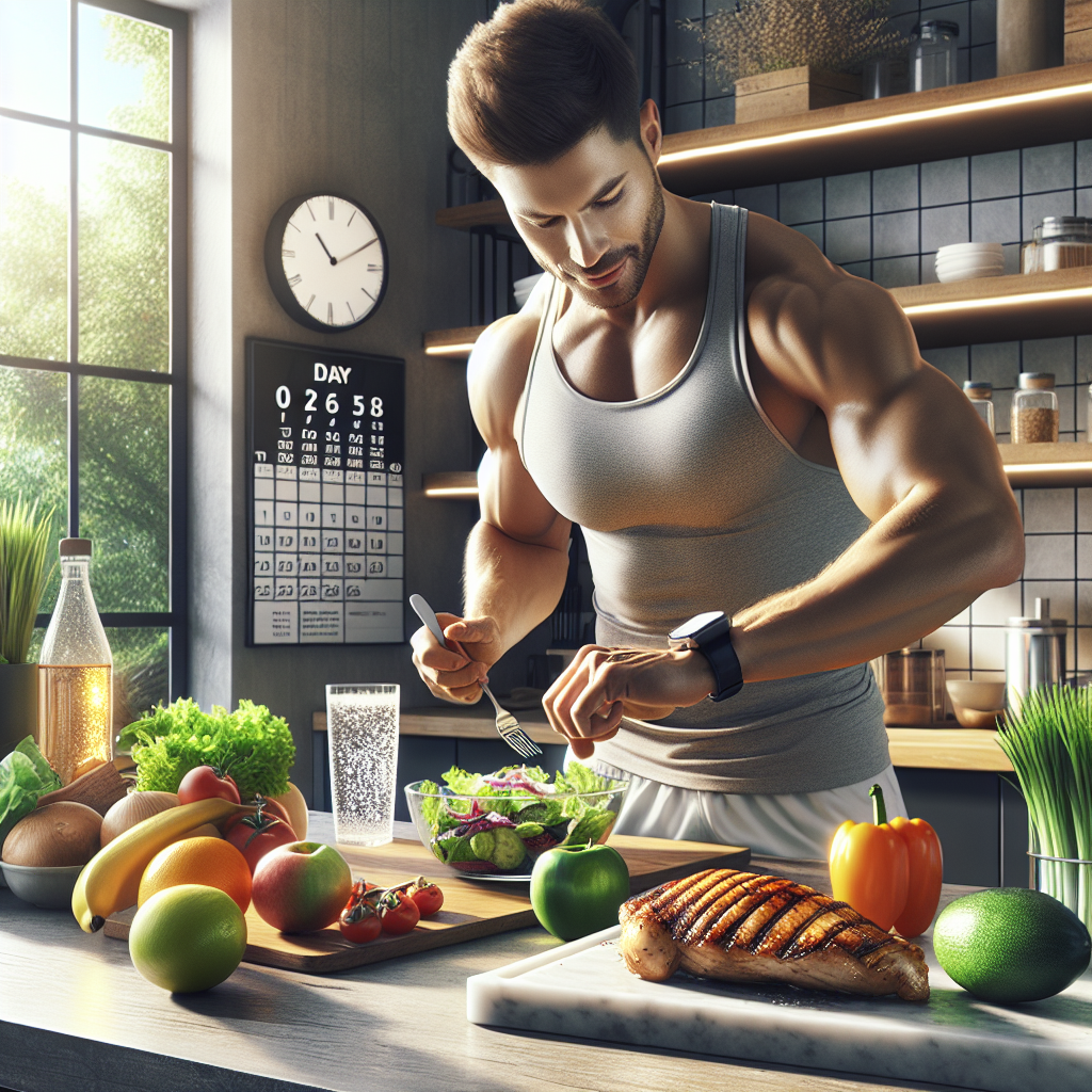 A vibrant, photorealistic image of a fit person (gender-neutral) in light activewear, energetically preparing a colorful, healthy meal in a bright, modern kitchen. On the counter, fresh ingredients like lean protein (e.g., grilled chicken breast), a vibrant green salad, colorful fruits, and a glass of sparkling water are prominently displayed. In the background, a subtle visual element like a calendar or digital clock hints at a '5-day' timeframe, emphasizing quick, healthy progress. The overall mood is positive, active, and focused.