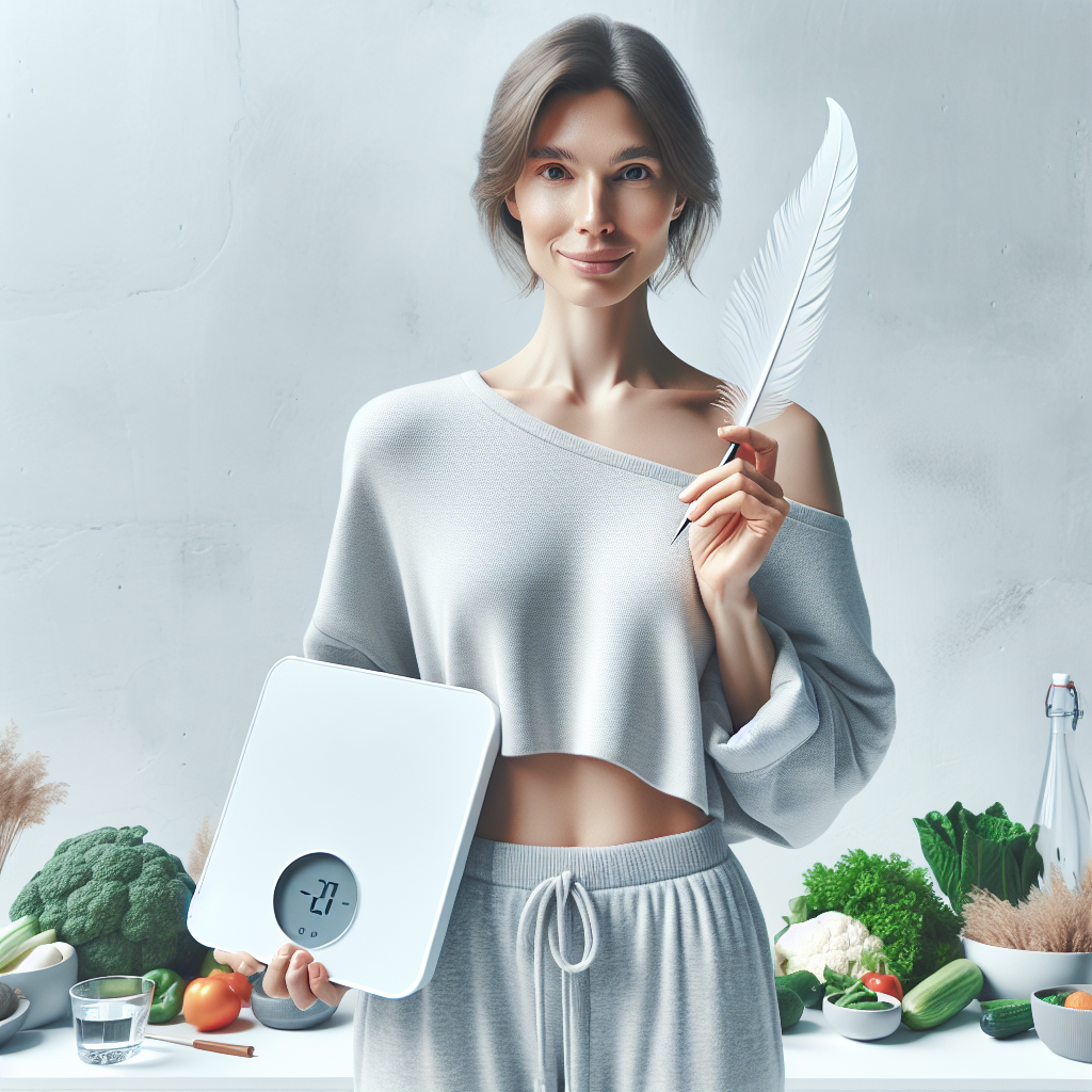 A calming, photorealistic image of a confident and healthy-looking person (gender-neutral) in comfortable, light clothing, smiling gently. They are standing in a clean, bright wellness-inspired space, perhaps holding a symbolic item representing lightness or achievement, like a beautifully designed digital scale subtly showing '-2 kg' or a feather. Around them, artfully arranged fresh vegetables, fruits, and a bottle of water reinforce a healthy lifestyle. The atmosphere is serene, empowering, and suggests successful, sustainable progress.