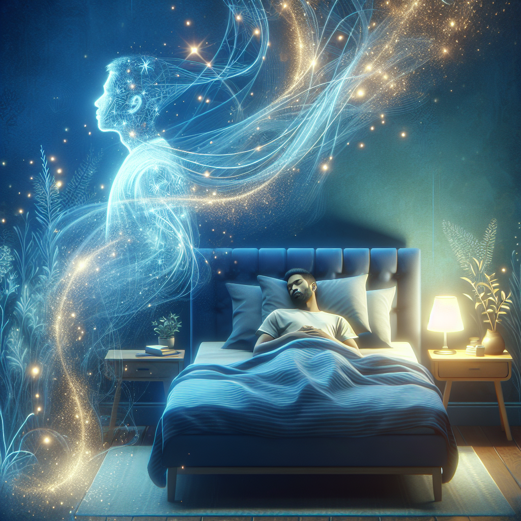 A serene, cozy bedroom scene at night. A person is sleeping peacefully in bed, with subtle, ethereal glowing lines and abstract energy flows around their body symbolizing active metabolism and fat burning happening during sleep. The atmosphere is calm and effective. Digital art, soft blue and golden hues, highly detailed.