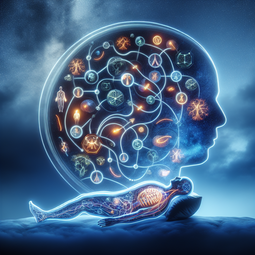 A stylized, abstract representation of the human body's internal processes during deep sleep. Glowing, interconnected pathways and subtle symbols of hormones (like growth hormone) and metabolic activity are visible within a translucent silhouette of a sleeping figure. The background is a tranquil, dark night sky. Scientific illustration with an artistic, ethereal touch, focusing on fat burning and cellular regeneration.