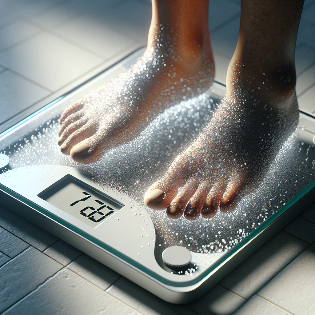 A close-up, realistic photo of a person's feet on a bathroom scale, which displays a surprisingly low number. However, the numbers on the scale subtly appear to be made of shimmering water droplets, indicating temporary water weight loss rather than sustainable fat loss. The lighting is soft but slightly stark, emphasizing the fleeting nature. The background is a clean, modern bathroom.