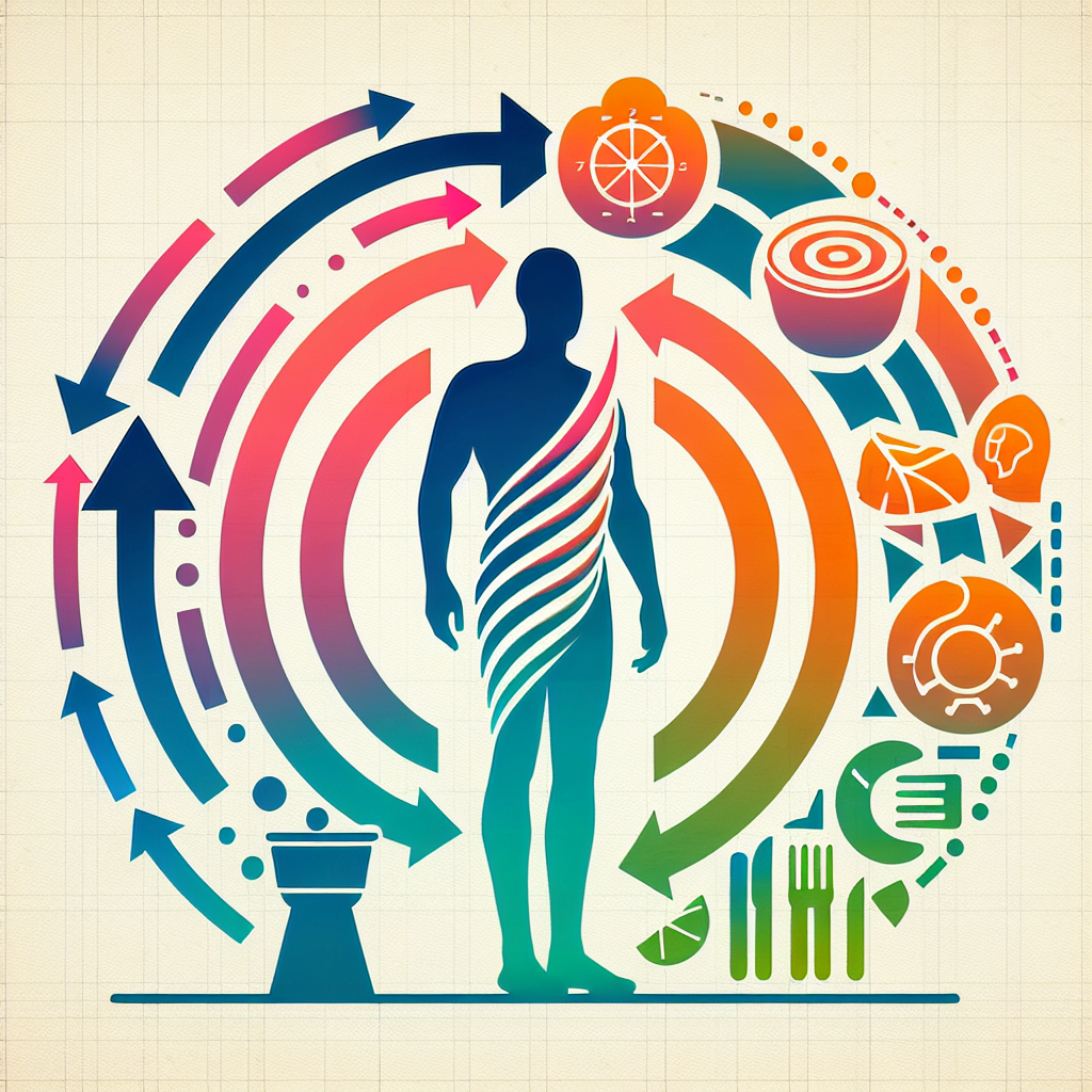 An abstract, modern graphic illustration representing the 'yo-yo effect' of crash dieting. A stylized human figure's silhouette is shown fluctuating in size, with a prominent, curved arrow cycling up and down, indicating repetitive weight loss and gain. Elements like a tiny meal next to an oversized meal, or a brief moment of slimness followed by a return to a larger size, should be subtly integrated. The color palette uses some contrasting colors to highlight the cycle, set against a clean, minimalist background.