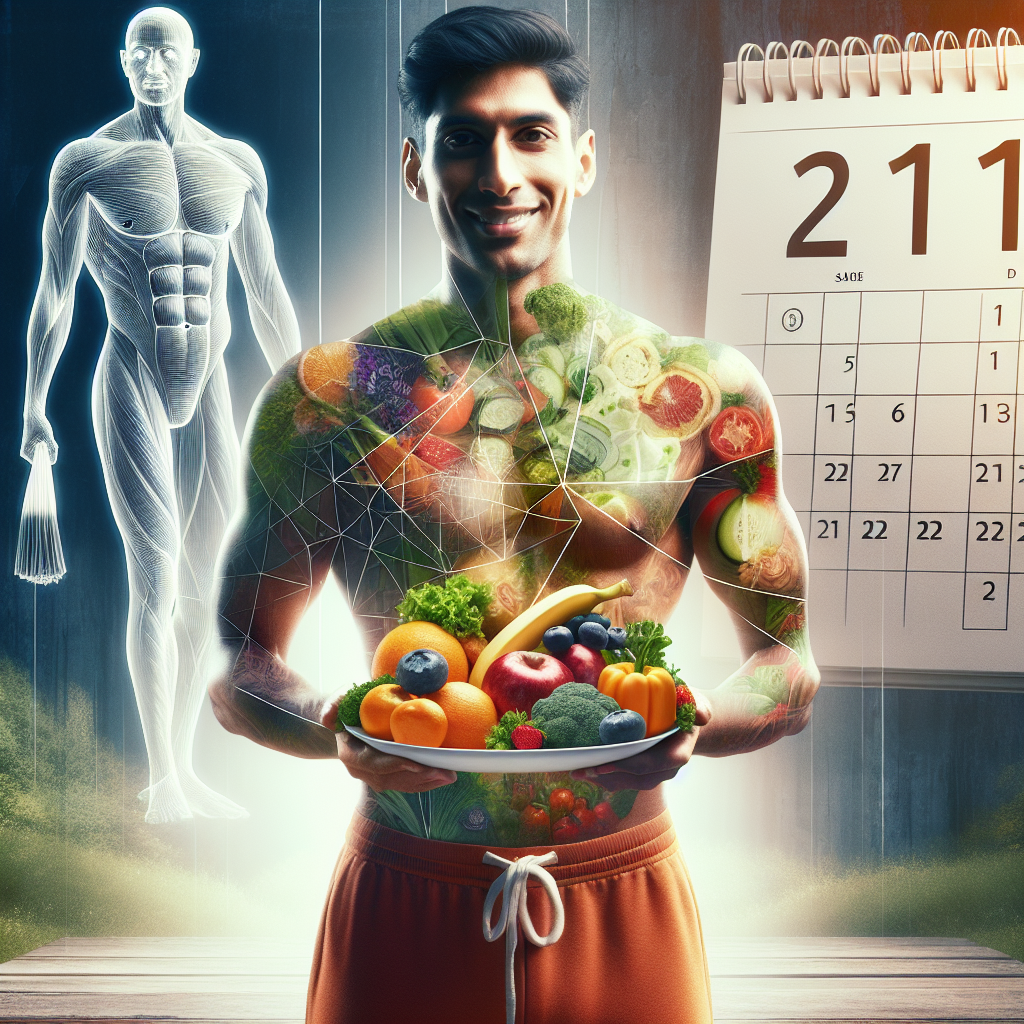 A radiant and fit person in a bright setting, holding a plate of fresh, colorful healthy food, with a calendar prominently displaying '21 days' and a subtle background hint of gentle exercise equipment, symbolizing a successful and sustainable healthy transformation.