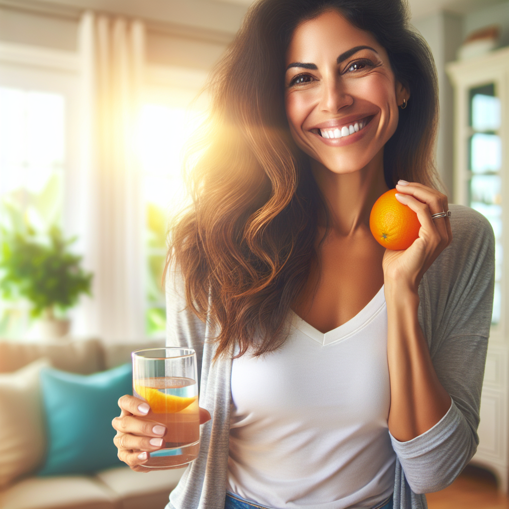 A happy, healthy-looking woman in comfortable, everyday clothes, smiling confidently while casually drinking a glass of water or holding a piece of fruit in a bright, relaxed home setting. No sports equipment is visible. The image conveys easy, effortless well-being and successful weight management without exercise. Realistic, positive mood, bright lighting.