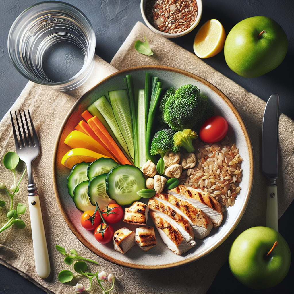 A beautifully plated, colorful and satisfying meal featuring fresh vegetables, lean protein (like grilled chicken or fish), and whole grains, accompanied by a glass of water. The food looks delicious, wholesome, and filling. No sugary drinks or processed foods are in sight. The image emphasizes healthy, satiating nutrition for weight loss. Food photography style, natural light.